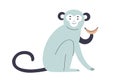 Cute baby monkey with banana. Funny happy jungle animal. Scandinavian kid character eating tropical food, sweet fruit