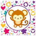 cute baby monkey flowers heart background