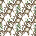 Cute baby monkey. Hand drawn adorable watercolor african animals illustration on white background. Seamless pattern Royalty Free Stock Photo