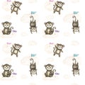 Cute baby monkey. Hand drawn adorable watercolor african animals illustration on white background. Seamless pattern Royalty Free Stock Photo