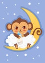 Cute Baby Monkey On The Moon Holding A Bottle Of Milk. Cartoon Vector Card. Royalty Free Stock Photo