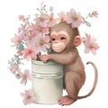 Cute baby monkey with pink flowers watercolor Illustration isolated on white. Generative AI Royalty Free Stock Photo