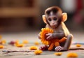 Cute baby monkey playing with toys