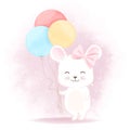 Cute baby mouse with balloon hand drawn cartoon illustration