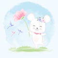 Cute baby mouse holding flower with dragonfly hand drawn cartoon watercolor illustration Royalty Free Stock Photo