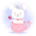 Cute baby mouse holding strawberry in cup hand drawn cartoon animal illustration Royalty Free Stock Photo