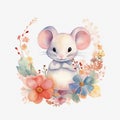 Cute baby mouse, pastel colors, flowers, watercolor illustration Royalty Free Stock Photo