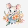 Cute baby mouse, pastel colors, flowers, watercolor illustration Royalty Free Stock Photo