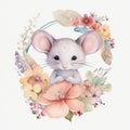 Cute baby mouse, pastel colors, flowers, watercolor illustration Royalty Free Stock Photo