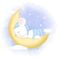 Cute baby mouse sleeping on moon hand drawn cartoon animal illustration watercolor