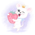 Cute baby mouse and strawberry hand drawn cartoon animal illustration Royalty Free Stock Photo