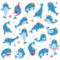 Cute baby narwhal character set. Funny sea mammal animal in different poses cartoon vector illustration Royalty Free Stock Photo