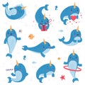 Cute baby narwhal set. Funny sea mammal animal cartoon character in different activities vector illustration Royalty Free Stock Photo