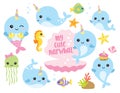 Cute Baby Narwhal or Whale Unicorn with Other Sea Animals Royalty Free Stock Photo