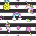 Cute baby neon hand drawn fantasy stuff seamless pattern on black stripes with unicorn and rainbow Royalty Free Stock Photo