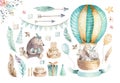 Cute baby nursery on balloon isolated illustration for children. Bohemian watercolor bohemian bear, cat hipo and deer