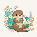 Cute Baby Otter Floral,Wildlife, Innocent, Playful, Charming, Spring Flowers, illustration ,clipart, isolated on white background