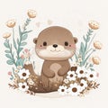 Cute Baby Otter Floral,Wildlife, Innocent, Playful, Charming, Spring Flowers, illustration ,clipart, isolated on white background