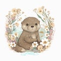 Cute Baby Otter Floral,Wildlife, Innocent, Playful, Charming, Spring Flowers, illustration ,clipart, isolated on white background