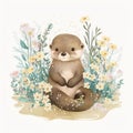 Cute Baby Otter Floral,Wildlife, Innocent, Playful, Charming, Spring Flowers, illustration ,clipart, isolated on white background