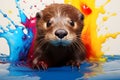 Cute Baby Otter Portrait in Vibrant Minimalist Studio. Generative AI illustration