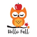 Cute Baby Owl with Apple on a Maple Branch Vector