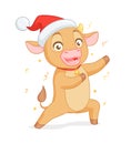 Cute baby ox in Santas hat presenting. Vector cartoon character on white background. Royalty Free Stock Photo
