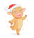 Cute baby ox in Santas hat standing on one leg. Vector cartoon character on white background. Royalty Free Stock Photo