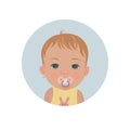 Cute baby with pacifier emoticon. Child with soother smiley. Toddler with dummy emoji. Royalty Free Stock Photo