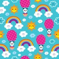 Cute baby panda bear rainbows clouds sky pattern