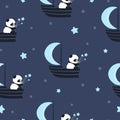 Cute baby panda on the boat with moon sail. Royalty Free Stock Photo