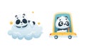 Cute Baby Panda Character Driving Car and Sleeping on Fluffy Cloud Vector Set