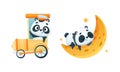 Cute Baby Panda Character Sleeping on Crescent and Driving Train Vector Set