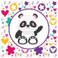 cute baby panda flowers heart background