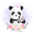 Cute baby panda and mom hand drawn cartoon animal illustration watercolor