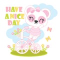 Cute baby panda rides bicycle cartoon illustration for baby shower card design Royalty Free Stock Photo