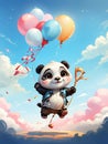 A cute baby panda flying with a balloon.