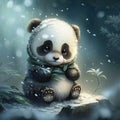 cute baby panda with winter fairy background Royalty Free Stock Photo