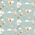 Cute baby pattern with balloons, clouds and rockets seamless vector pattern background neutral calm nursery colors.