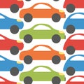 Cute baby pattern. Cars for boys. Flat seamless pattern with bright colored minicar on white background.