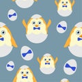 Cute baby pattern with chicks in shell on a blue background