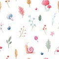 Cute baby pattern with watercolor snail, mushrooms, leaves, berries. Stock illustration.