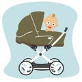 Cute baby peeks out from behind a green stroller pram