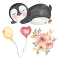 Cute Baby Penguin Clipart, Watercolor Little Sleeping Arctic White Animal illustration with flowers and balloons, Winter kids