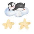Cute Baby Penguin Clipart, Watercolor Little Sleeping on the cloud Arctic White Animal illustration, Winter kids birthday party,