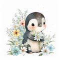 Cute Baby Penguin Floral, Spring Flowers, illustration ,clipart, isolated on white background
