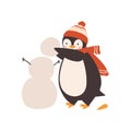 Cute baby penguin making snowman, holding snow ball vector flat illustration. Funny arctic bird wearing bobble hat and