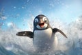 Cute baby Penguin running in splashing water
