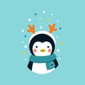 Cute baby penguin in a scarf and a headband with horns