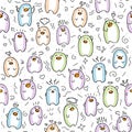 Cute baby penguin seamless pattern. Cartoon penguins with fun elements and decorations. Emotional baby penguins